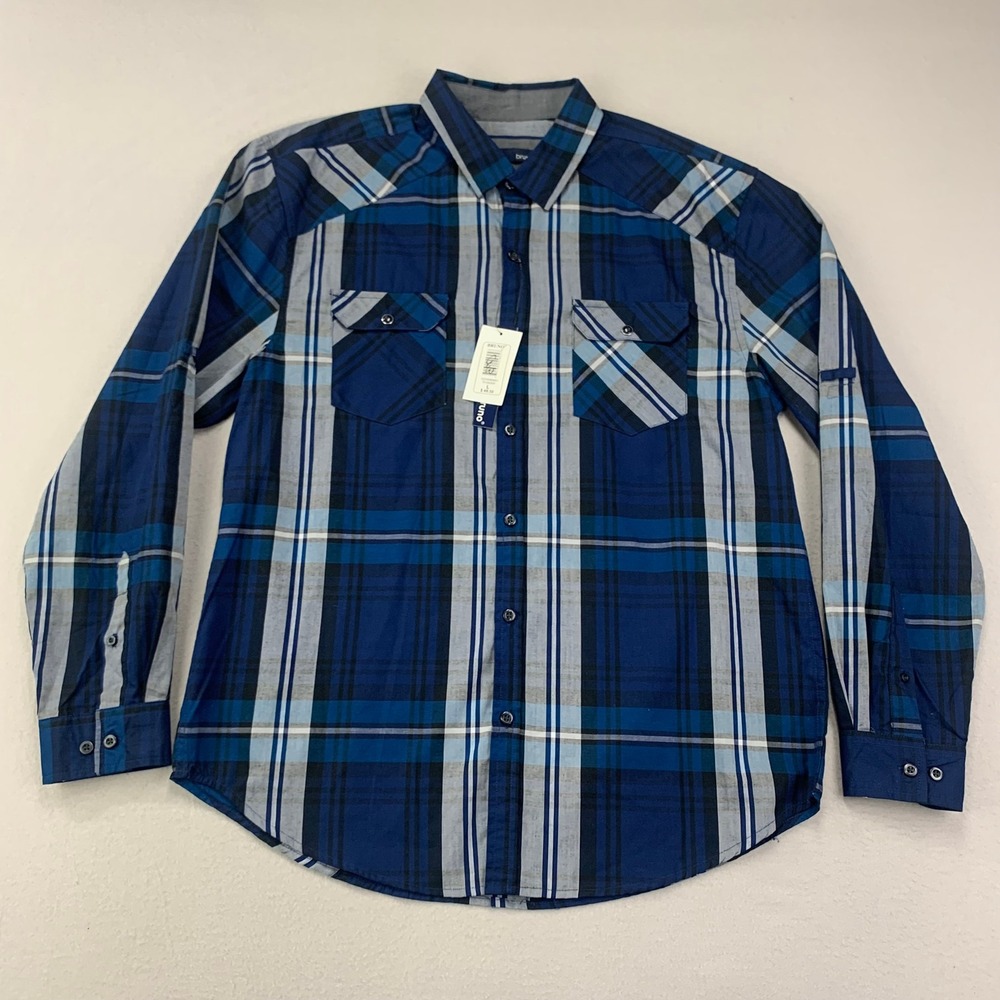 BRUNO Shirt Mens Large POSIDEN Blue Plaid Long Sleeve Comfort Flex Button Up NWT